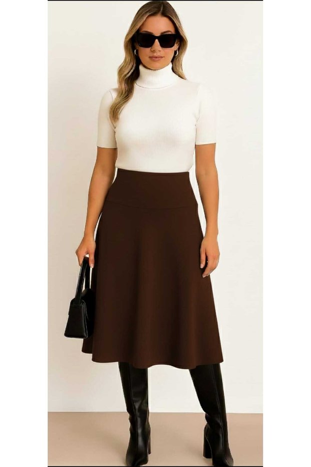 Below-the-knee dark brown brioche knit women's flared midi skirt, high-waisted elastic loose A-line skirt