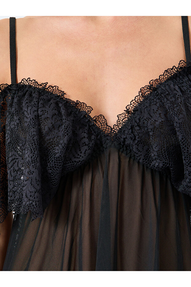 فستان كامي من الدانتيل المرقع الشبكي الصلب مع حمالة صدر - 3
