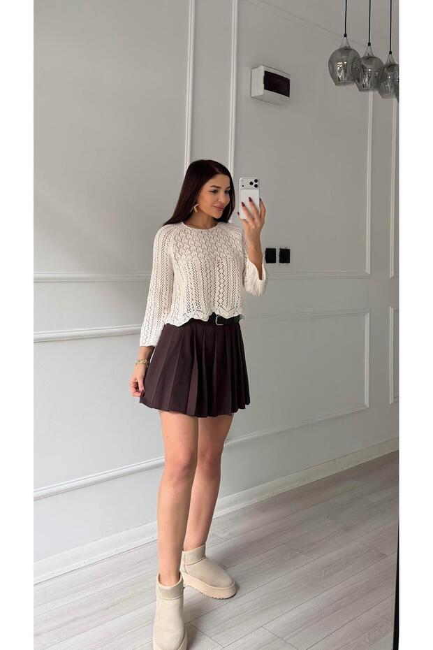 Kırık Beyaz Triko İspanyol Kol Örme Bluz - 1