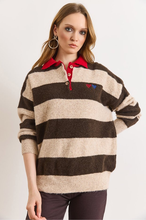 Women's Brown Heart Embroidery Detailed Polo Collar Knitwear Sweater Kzk-19001139