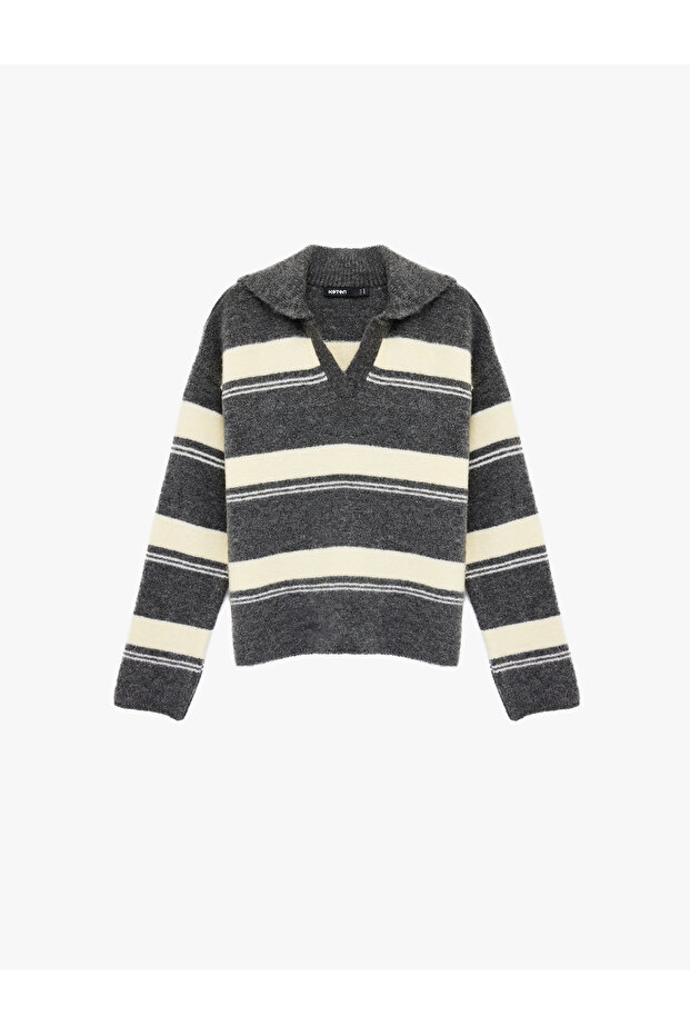 Turn-Down Collar Long Sleeve Striped Oversized Knitwear Sweater