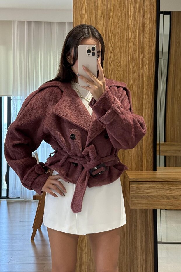 Devida Gül Kurusu Kemerli Peluş Ceket - 2