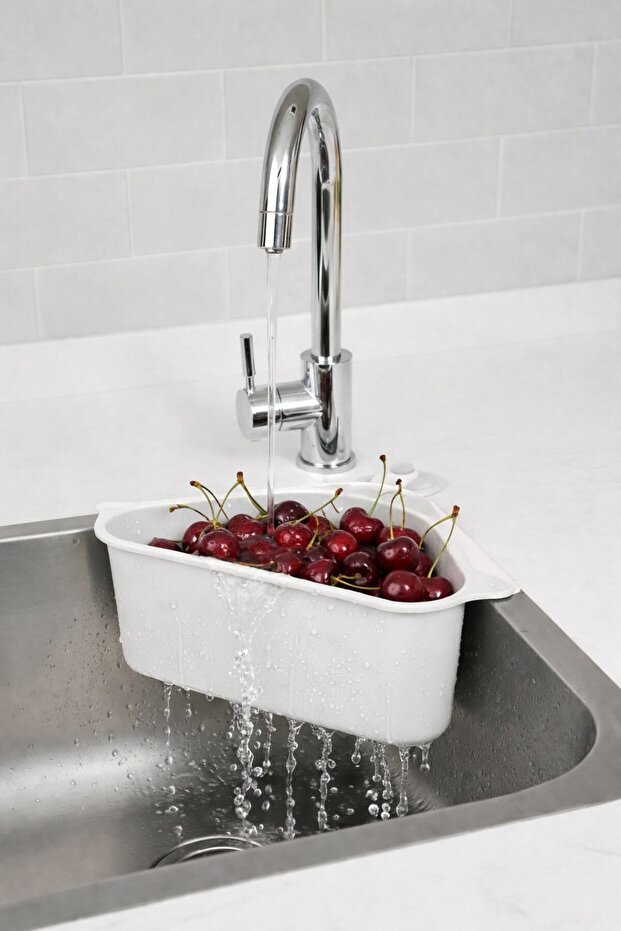 مصفاة حوض المطبخ على شكل مثلث مع مصاصة، مصفاة زاوية لحوض المطبخ باللون الأبيض - 5