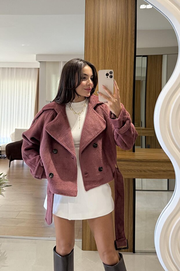 Devida Gül Kurusu Kemerli Peluş Ceket - 1