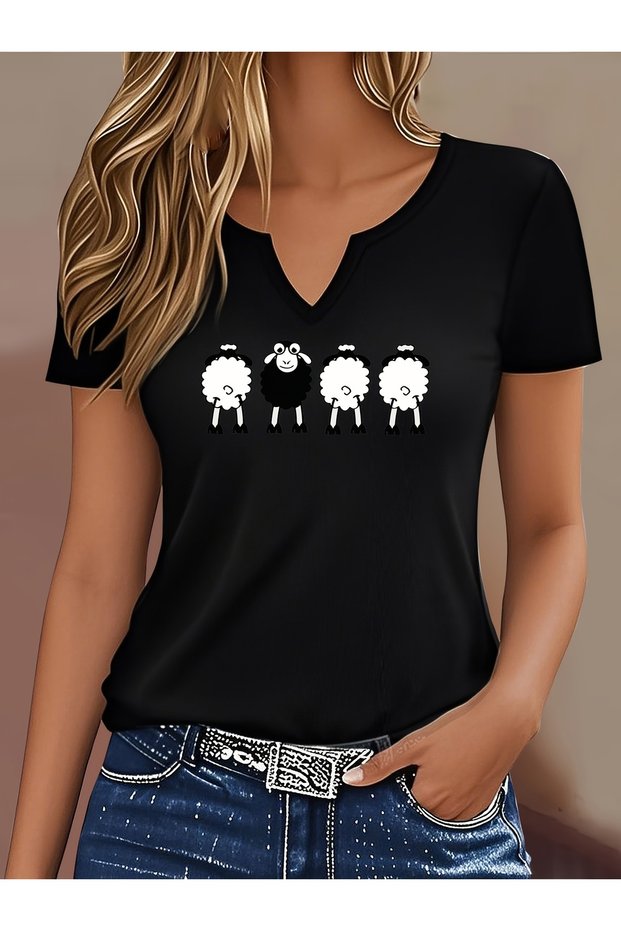Women's Black Sheep Printed Half V-Neck Sleeves Regular Fit Comfortable T-Shirt