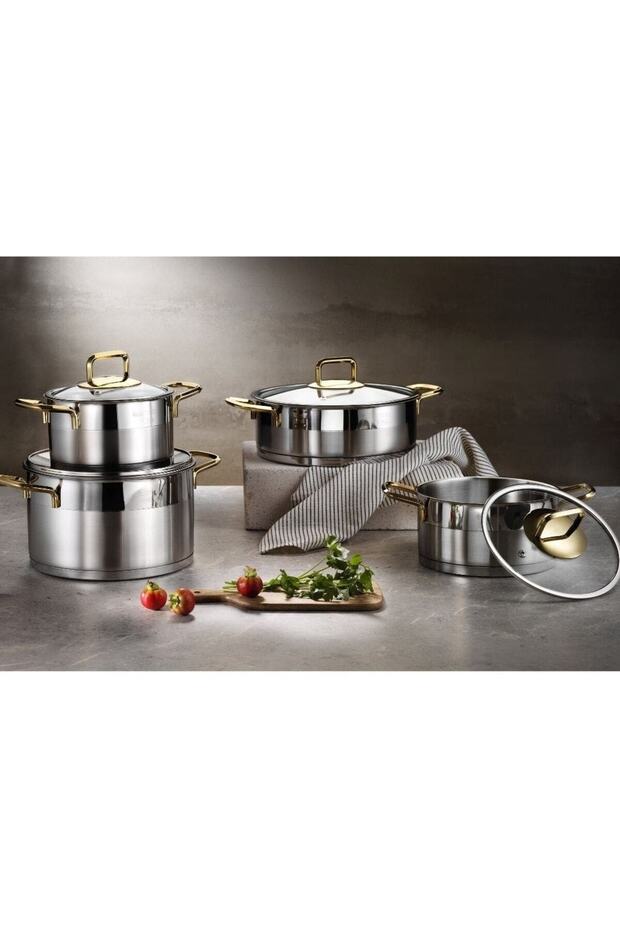 Si̇lver 8 Pcs Steel Cookware Set with Gold Handles Li̇nes.Cs-0001-2