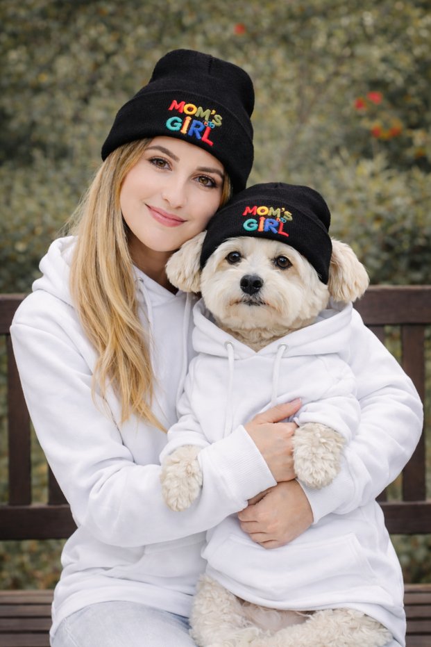 Mom and Dog Beanie 2-Piece Set - with Mom's Girl Label - Owner & Dog Matching Beanie - Dog Hat