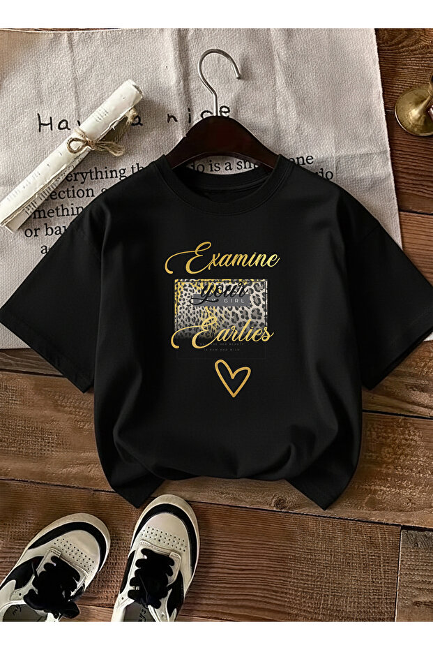 Women's Leopard Heart Printed Gold Written Black T-Shirt