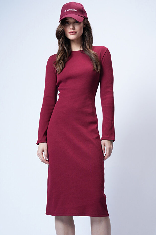 Bordo Bisiklet Yaka Midi Boy Örme Elbise ALC-X14774 - 4