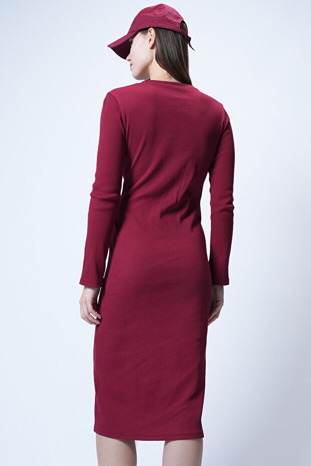 Bordo Bisiklet Yaka Midi Boy Örme Elbise ALC-X14774 - 6