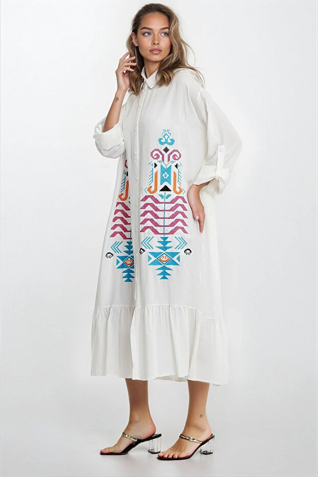 Women's White Shirt Collar Button Embroidered Skirt Ruffle Plus Size Dress Vs00331