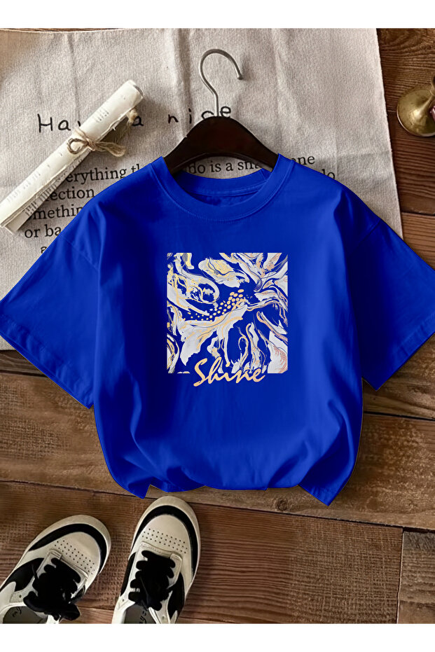 Women's Abstract Marble Pattern Graphic Printed Cobalt Blue T-Shirt