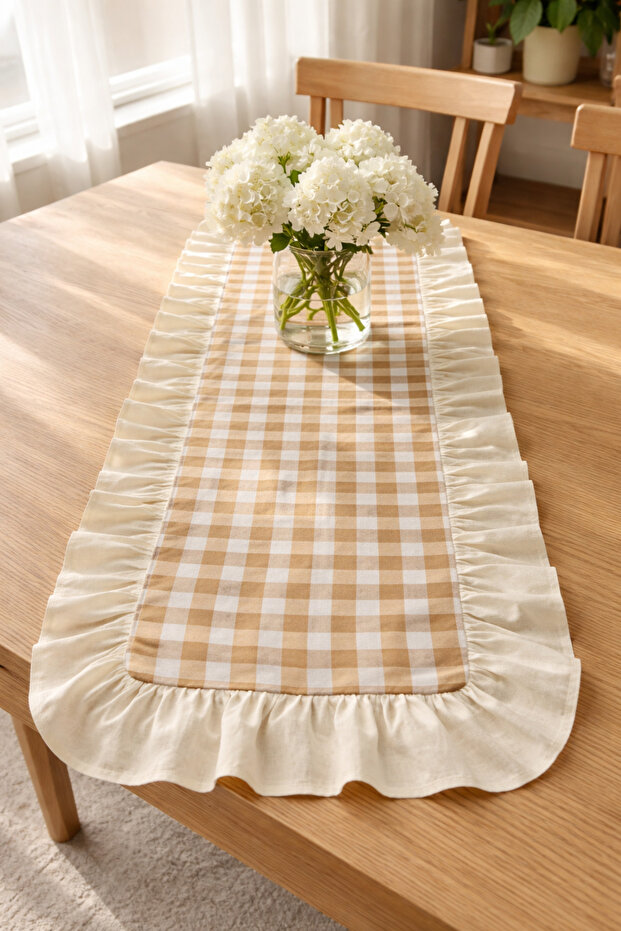 Linen Ruffle Detail Honey Foam Gingham Runner 40X110