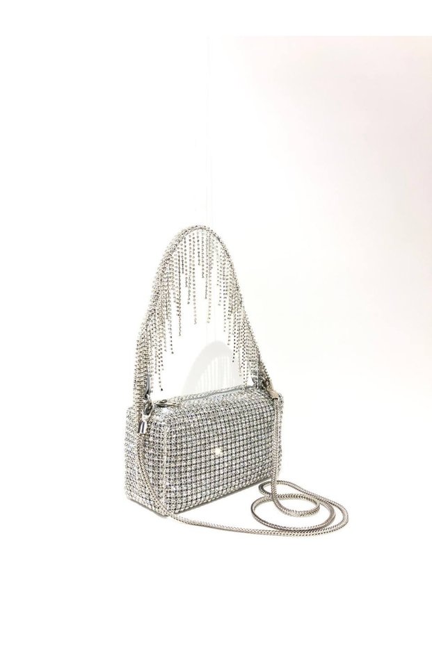Women's Stone-Embellished Imported Evening Dress Bag Portfolio Bag Silver Color