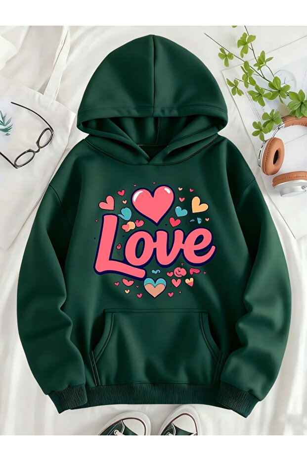 LOVE مطبوع سويت شيرت رمادي للنساء/الرجال للجنسين قصة فضفاضة بغطاء رأس 3iplik