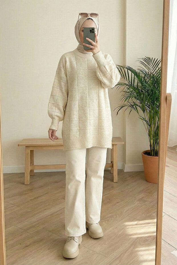 تونيك تريكو ناعم منقوش مربع الشكل - إكرو - 1