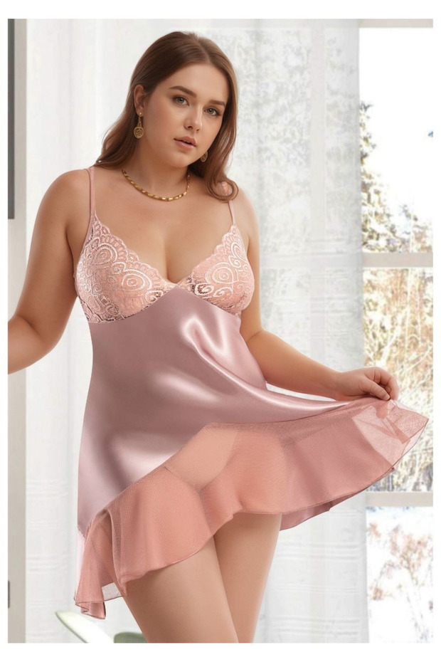 Plus Size Satin Nightgown - Plus Size Nightgown with Mink Lace Overlay and Flounce Skirt