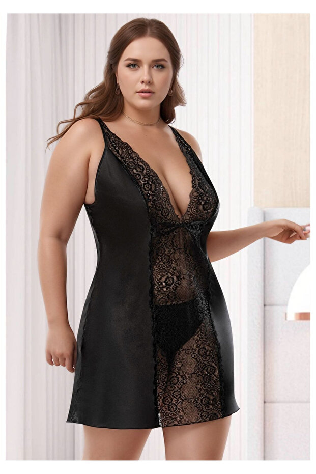 Women's Black Plus Size Satin Nightgown - Transparent Laced Plus Size Homewear