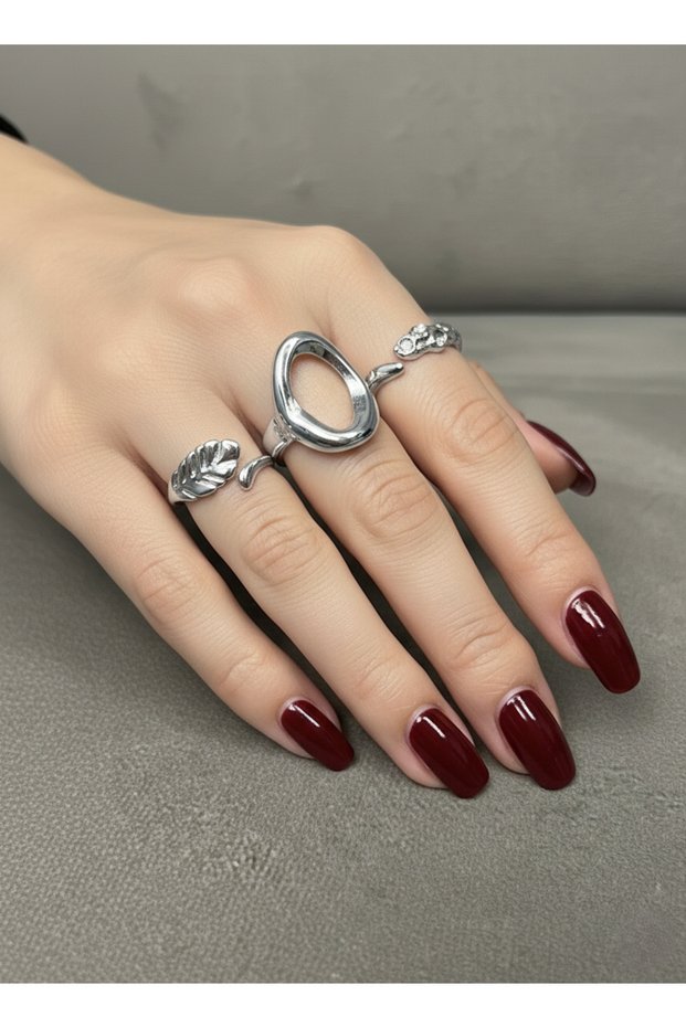 Silver Color Adjustable Multiple Ring Set | Bohemian Minimal Leaf Detail Women's Ring