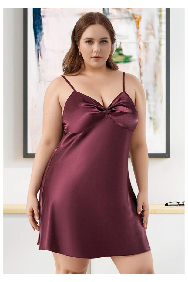 Women's Plum Plus Size Satin Nightgown - Stylish V-Neck Plus Size Loungewear