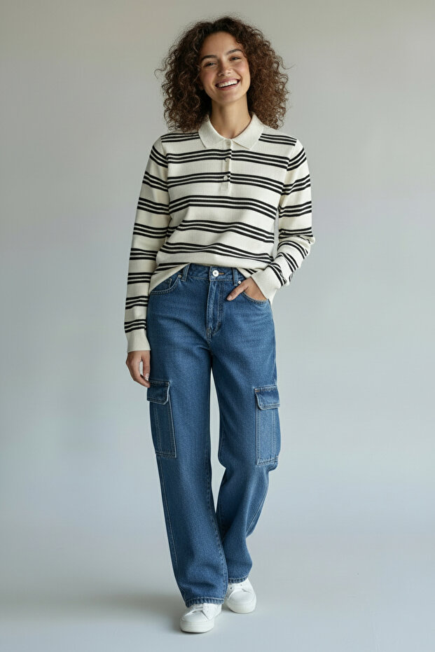 Ecru Polo Collar Striped Oversized Sweater