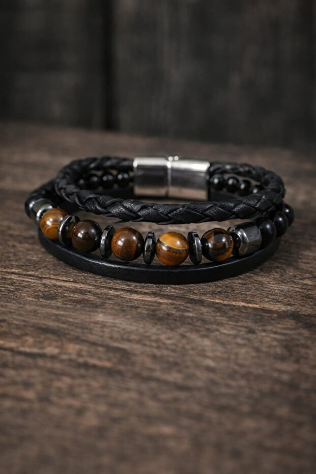 Special Tiger's Eye Leather Men's Bracelet with Natural Stones for Lovers