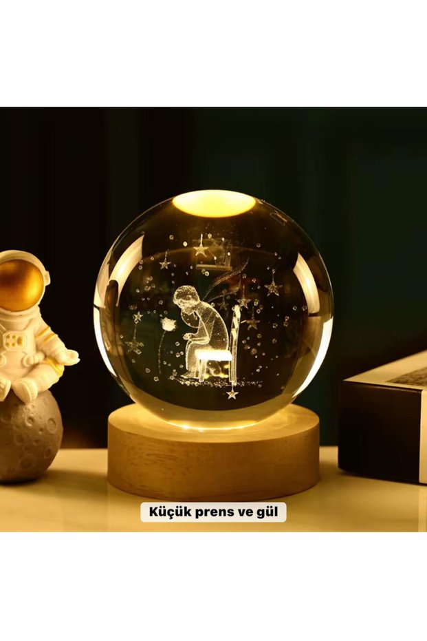 The Little Prince Themed Large Illuminated Glass Globe with Wooden Stand -