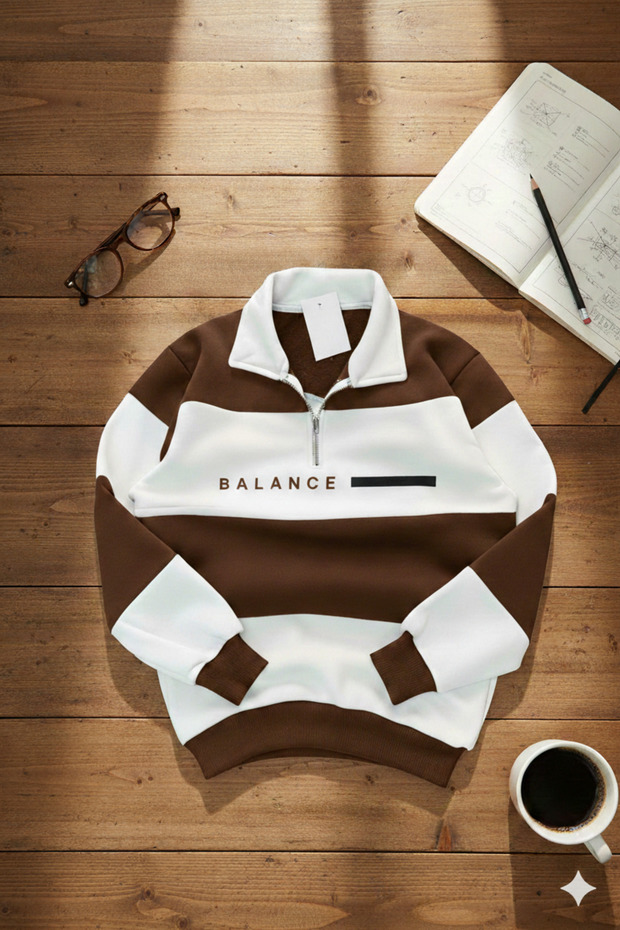 Unisex Polo Collar Zippered Balance Printed Brown White Sweatshirt