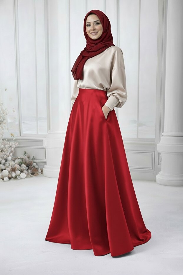 Women's Red Pocketed Pleated Hijab Skirt