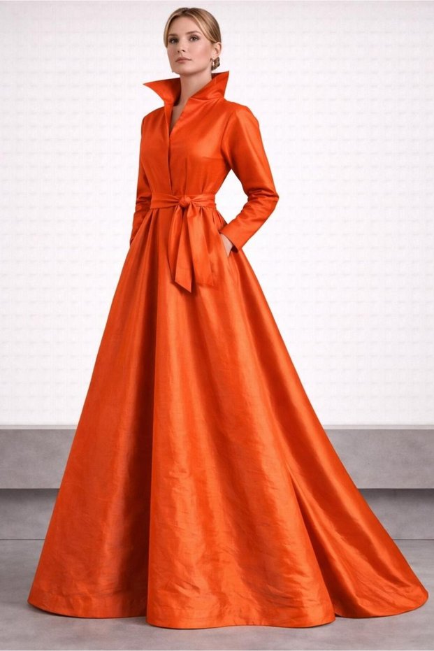 Mobile Belted & Pocket Detailed Maxi Length Taffeta Stylish Shirt Dress Cou-45
