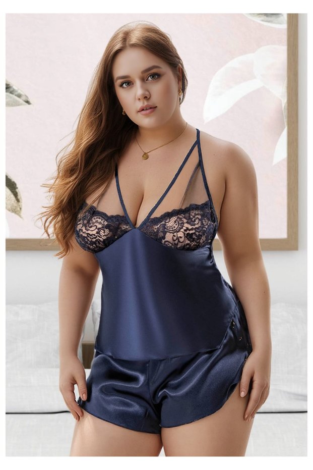 Women's Plus Size Navy Blue Satin Shorts Pajama Set with Tulle and Lace Detail