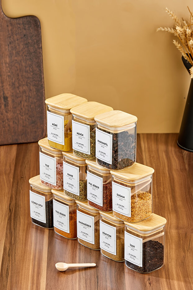 Set of 12 Labeled 200 ml Square Bamboo Vacuum Lid Borosilicate Glass Spice Containers with Spoons and Labels