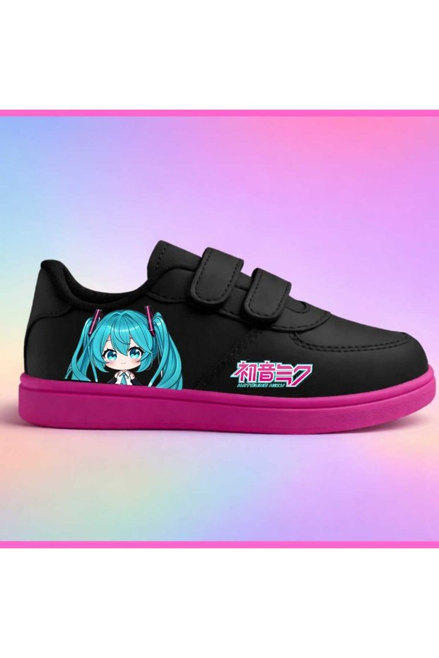 Limited Edition Black Pink Hatsune Miku Printed Girls' Strappy Sports Shoes Sneaker
