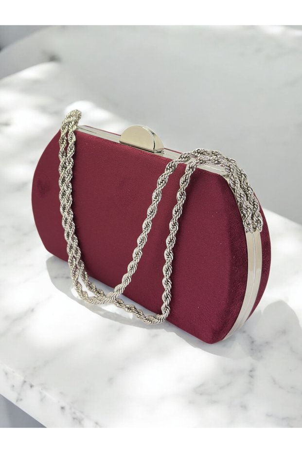 Burgundy Luxury Suede Crystal Stone Metal Handle Chain Women's Evening Dress Bag Wedding Engagement Graduation