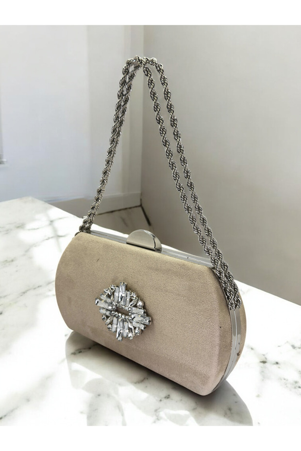 Beige Luxury Suede Crystal Stone Metal Handle Chain Women's Evening Dress Bag Wedding Engagement Graduation