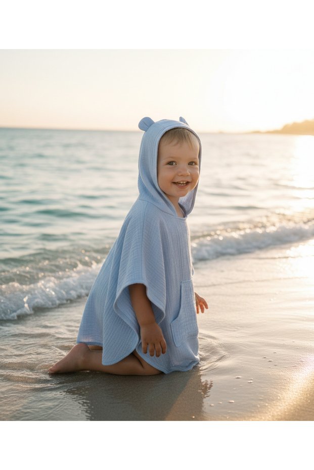 Organic Cotton Muslin Children's Poncho Towel | Hooded | Ear Detailed | 1-6 Years Old | 9 Colors
