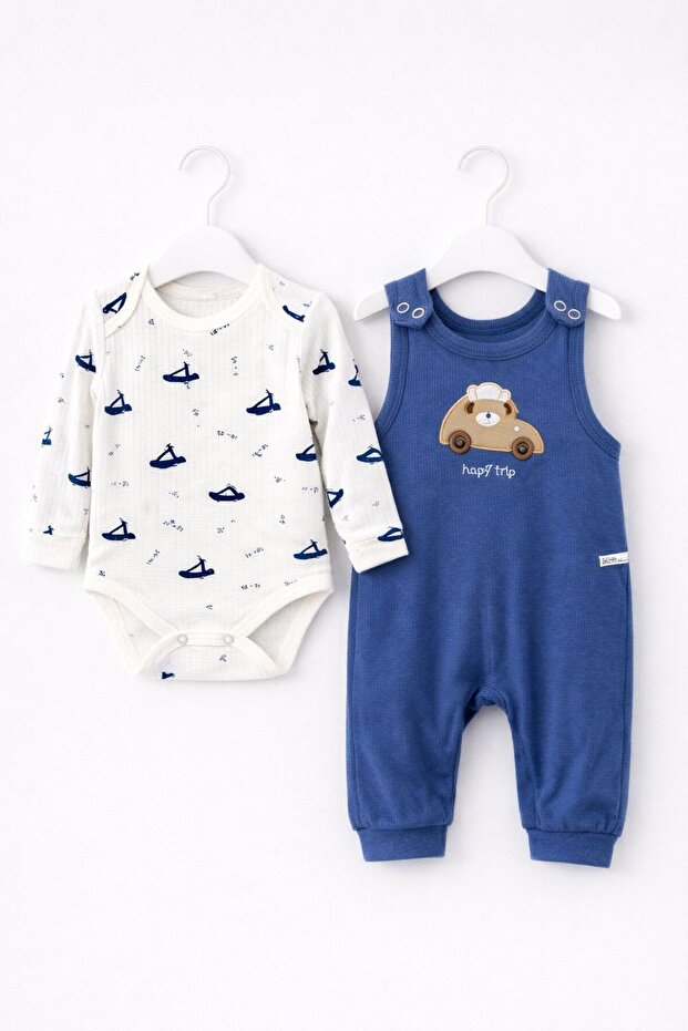 Baby Boy Blue Color 3-Piece Bodysuit with Slopet Socks Cotton Fabric Set