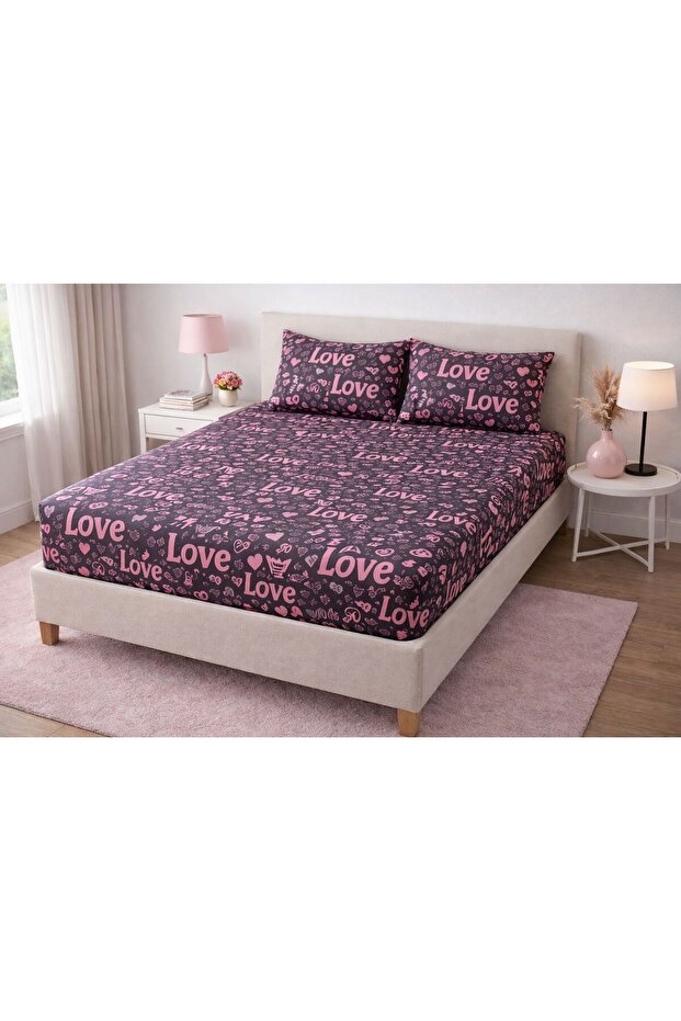 Ranforce Fabric Love Patterned Fitted Sheet Set / Double 160x200