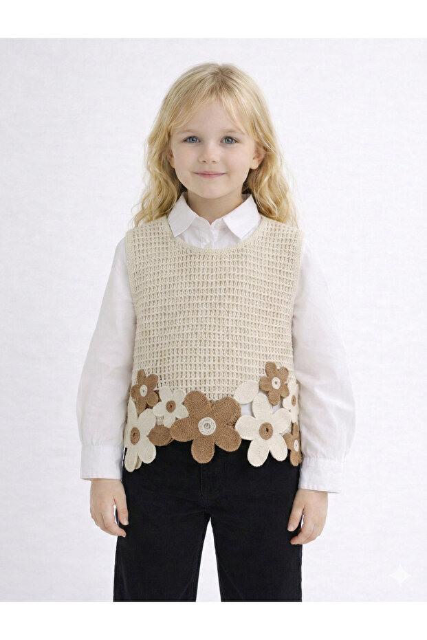 Papatya Motifli Örme Süveter - 1