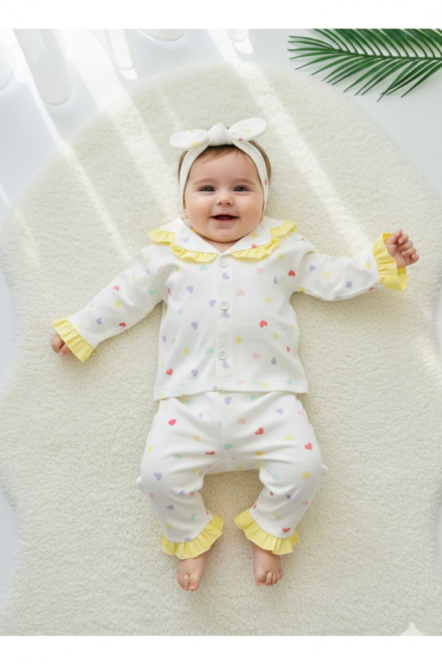 Ruffled Colorful Heart Baby Girl Pajama Set with Bandana, 3-Piece, 100% Cotton