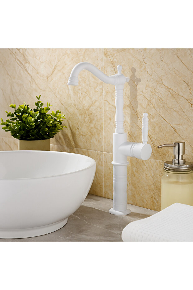 Valent Matte White Bowl Sink Faucet – Classic Ceramic Handle, High Model