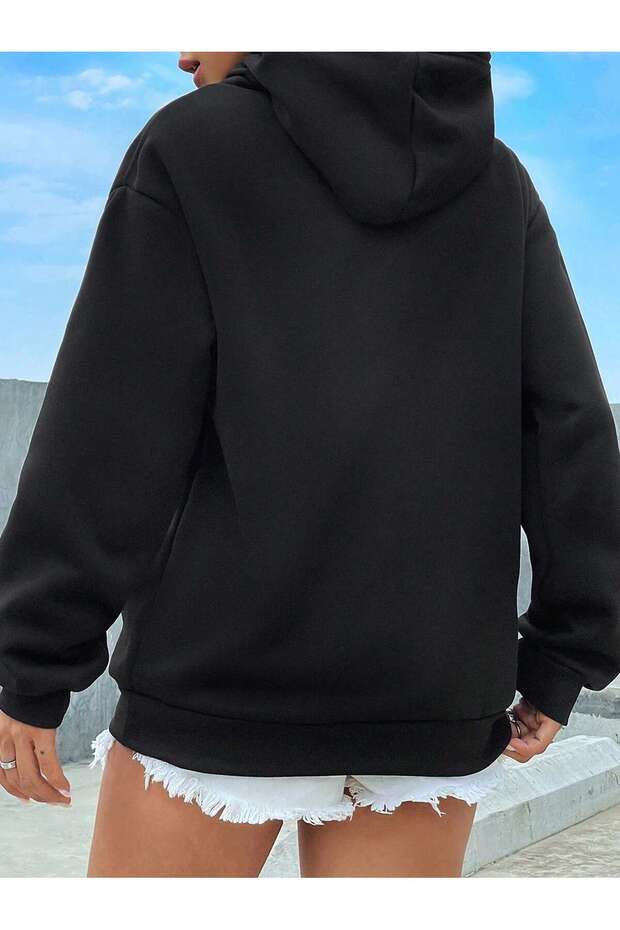 Unisex Kelebek Baskılı Kapüşonlu Basic Oversize Swetshirt - 3