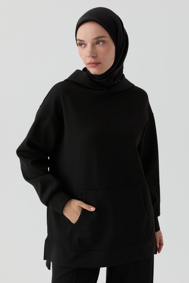 Kanguru Cepli Örme Sweat - Siyah