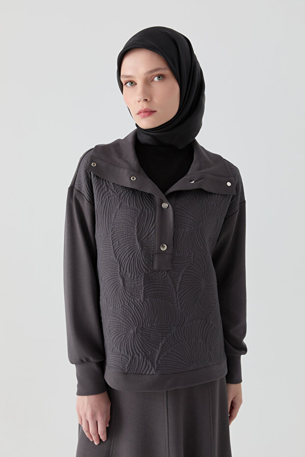 Kapitone Kombinli Örme Swaetshirt - Antrasit - 1