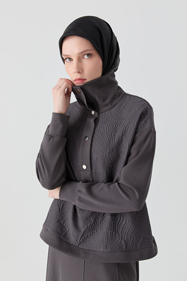 Kapitone Kombinli Örme Swaetshirt - Antrasit - 3