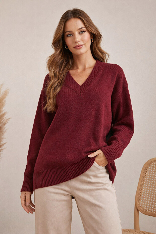 Women's V-Neck Oversized Knitwear Claret Red Sweater