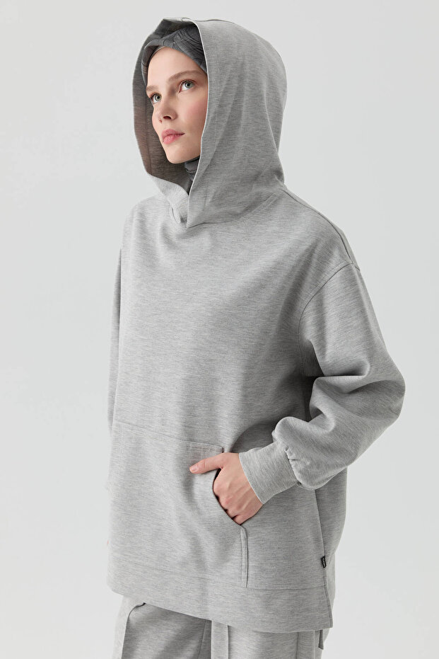 Kanguru Cepli Örme Sweat - Gri - 2