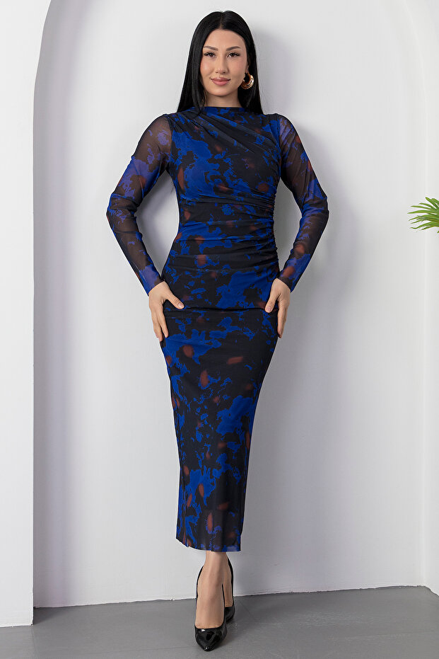 Dik Yaka Uzun Kol Tül Elbise DKS1027 - 5