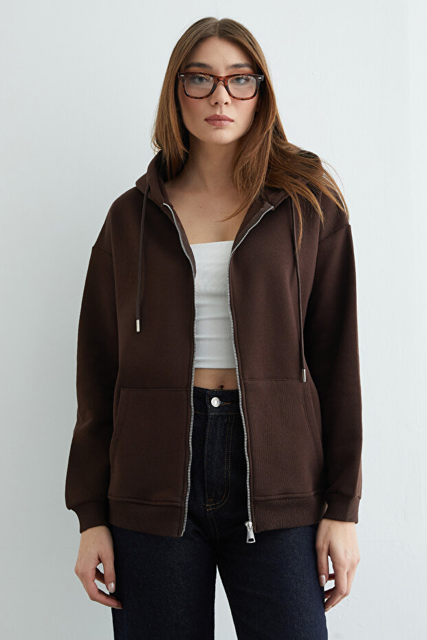 Basic Fermuarlı Kapüşonlu Oversize Sweatshirt - 2