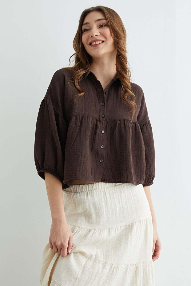 Balon Sleeve Casual Muslin Fabric Shirt